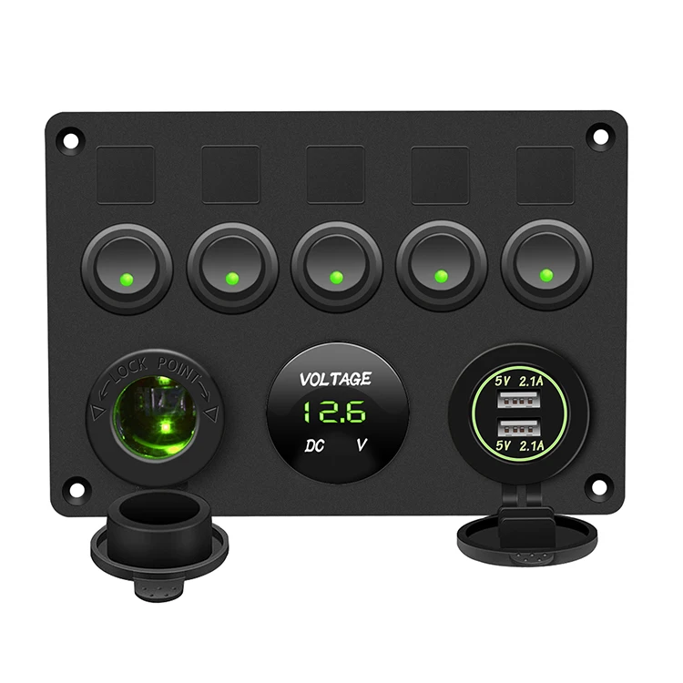 5 Gang Marine Switch Panel 12v With Usb Charger Socket And Voltage Meter