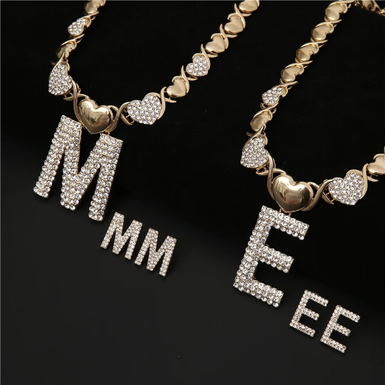 Custom fashion rhinestone diamond initial 26 letter necklace pendant earrings jewelry sets