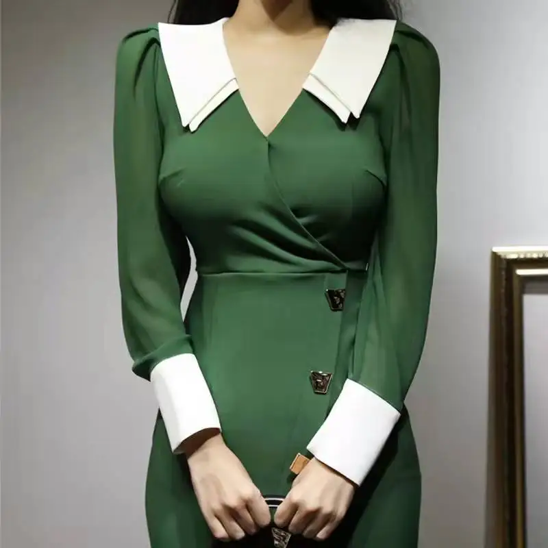 2022 spring new style elegant slim V-neck bag hip split pencil office dress