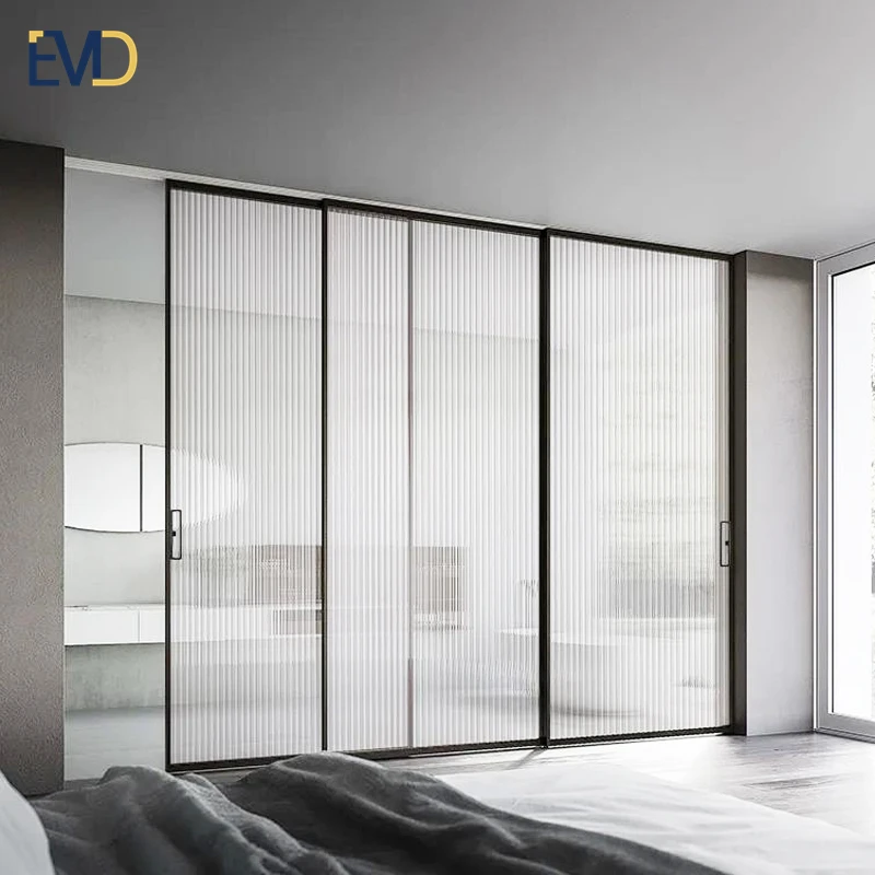 Modern sliding door bedroom kitchen divider aluminum slim frame interior ribbed glass sliding door
