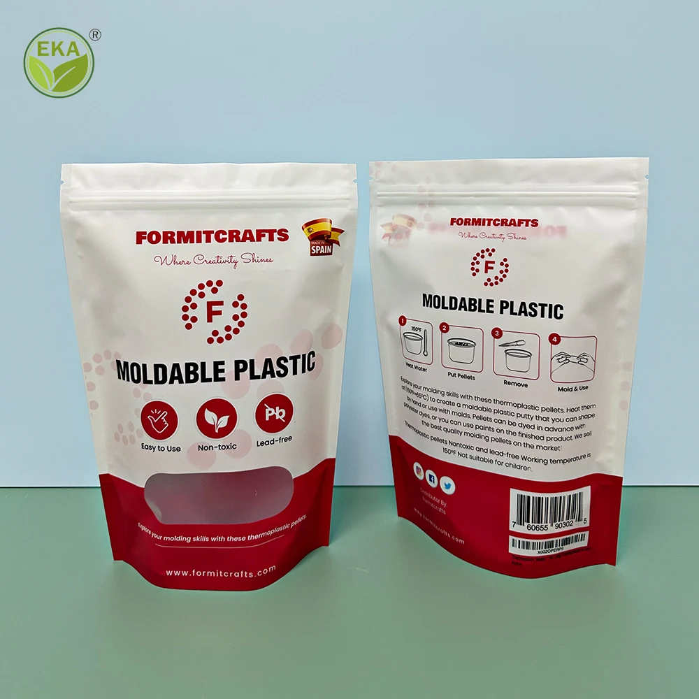 Eka Custom Logo Mini White Reusable Ziplock Small Package Bags Metal With Window Moldable Plastic Stand Up Packaging Bag