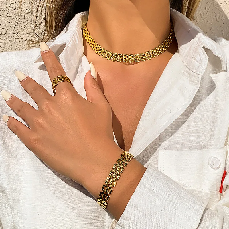 Fashion single-layer strap design ring set metal geometric square bracelet necklace women