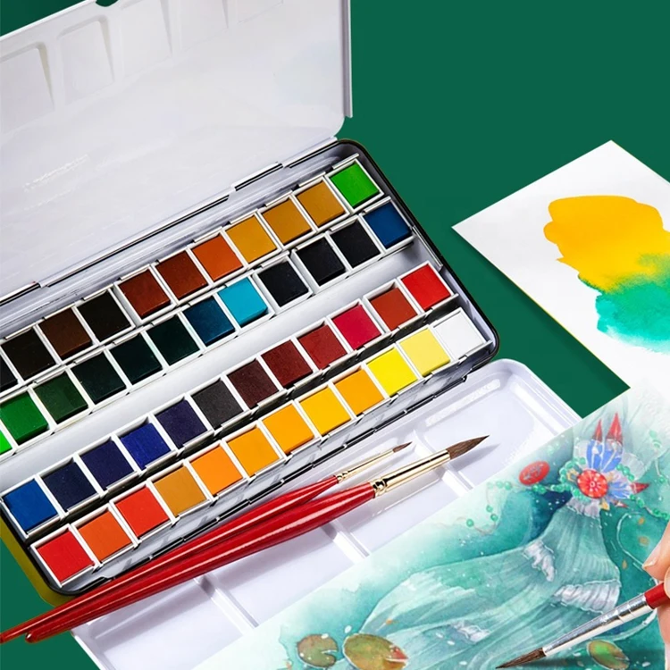 Wholesale 12 24 48 colours branded watercolour sets brush plate paint water colour