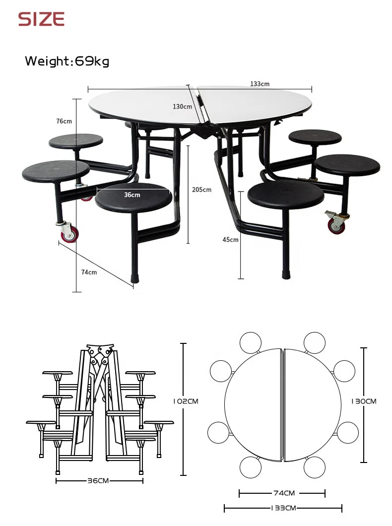 Canteen Table School Furniture 8 Seat Round Dining Table Set Modern Folding Dining Tables and Chairs