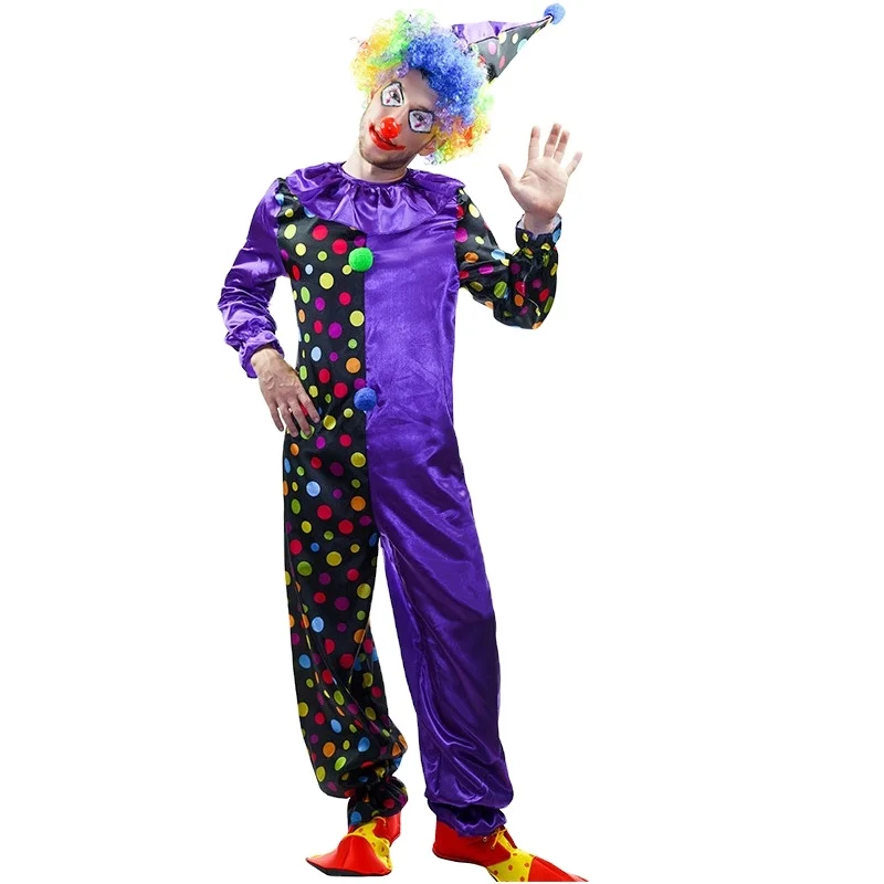 Adult Funny Dotted Purple Clown Jumpsuit Halloween Party Circus Magic Clown Costume for Men