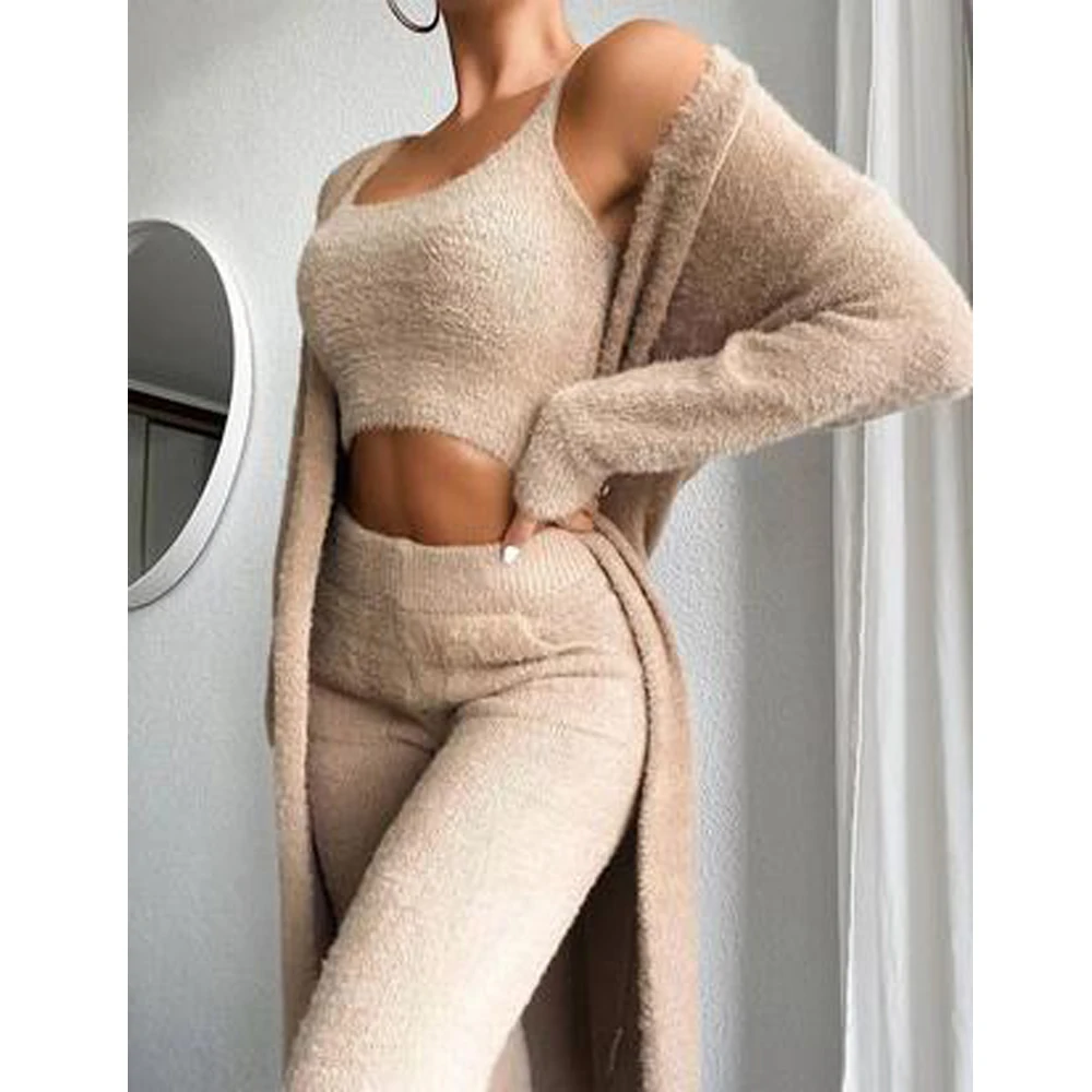 Новинка 2022, плюшевый меховой пушистый домашний костюм, укороченный топ и брюки, халат, комплект из 3 предметов