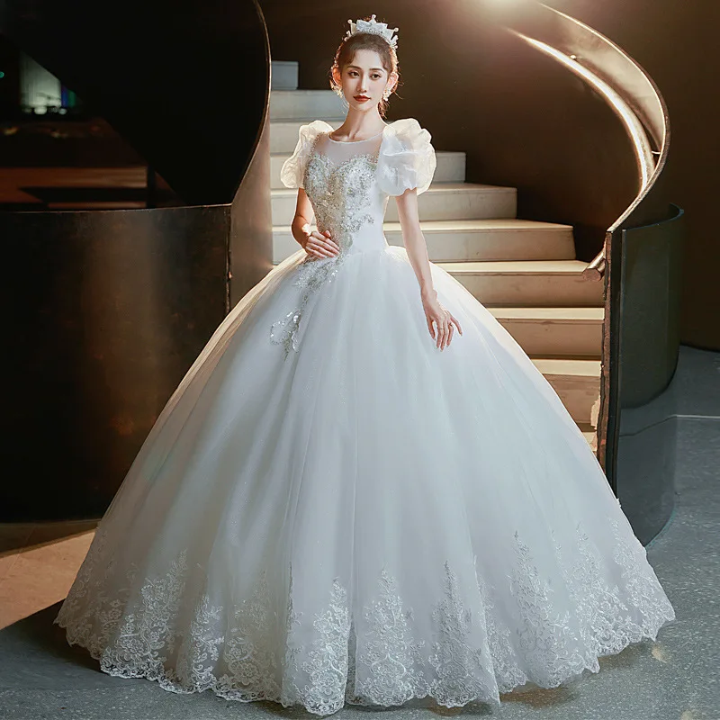 ZX-938 Bride Bubble Sleeves Embroidered Lace A Line Floor Length Wedding Dress Beaded Tulle Bridal Gown