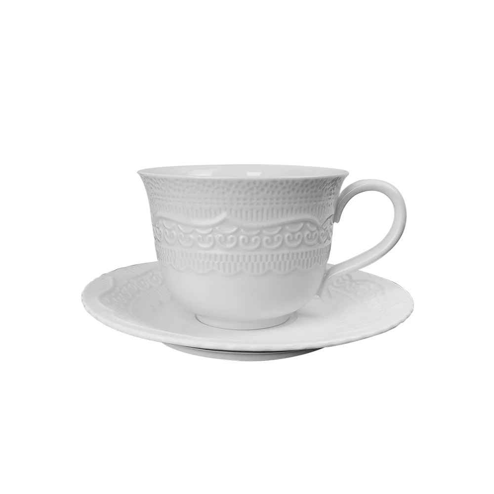 Vintage lace embossed  blue pink white ceramic coffee cup saucer underglaze porcelain cup French dessert plate