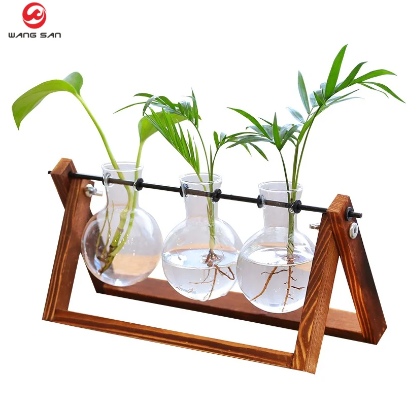 Wall Hanging Glass Planter Propagation Station tall modern Flower Bud Vase in Wood Stand RackTabletop Terrarium