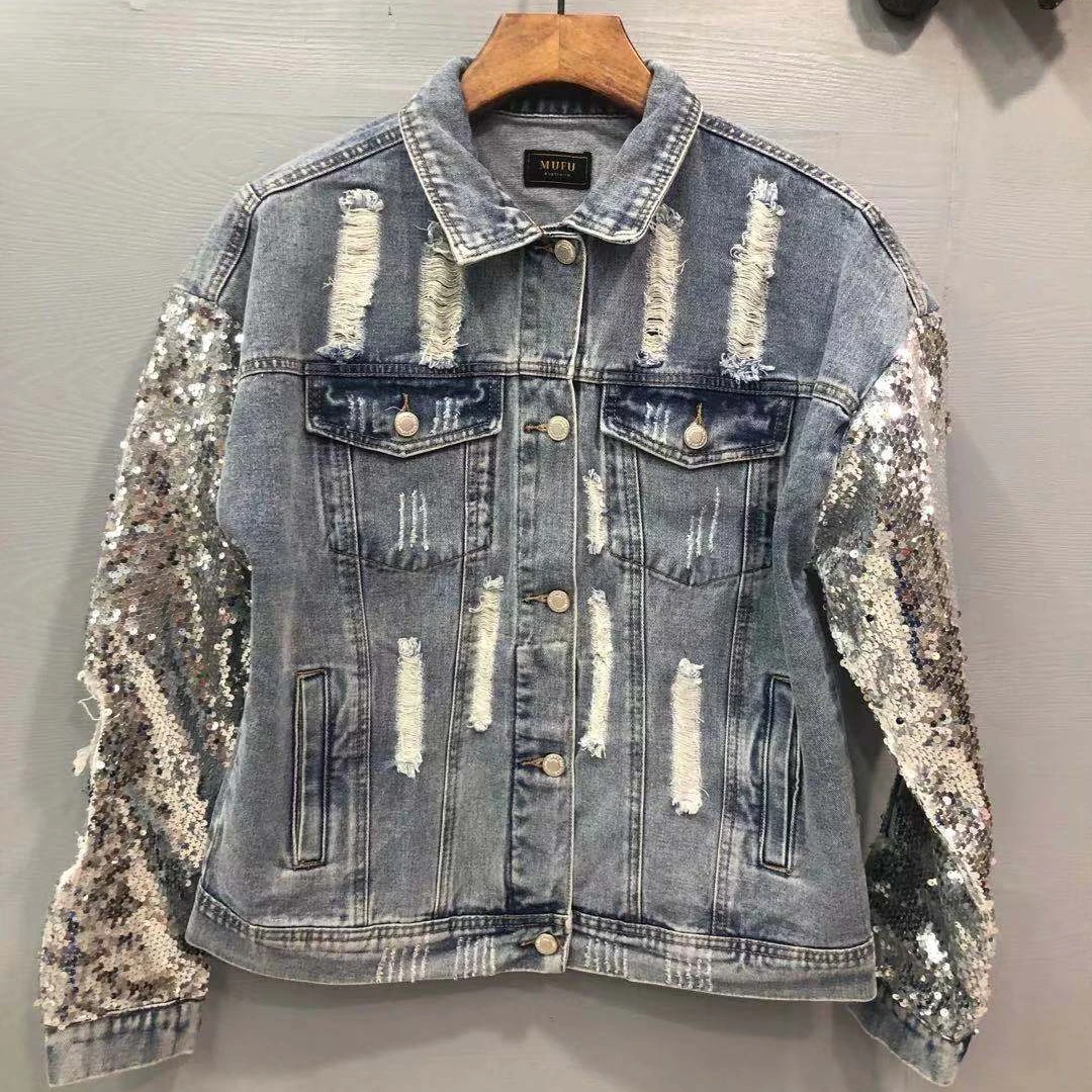 WOMEN DENIM JACKET WITH BLING BLING SLEEVES