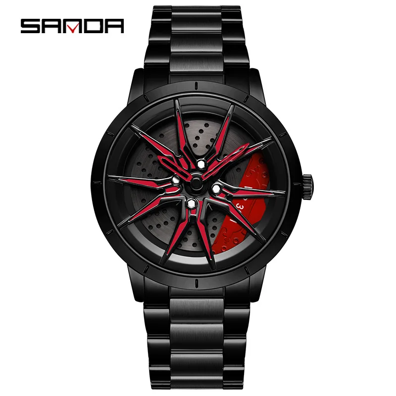 SANDA 1089 Car Wheel Watch Men Quartz Creative Rim Hub Wheel Wristwatch Relogio Masculine Rotating Dial Sport Clock Waterproof