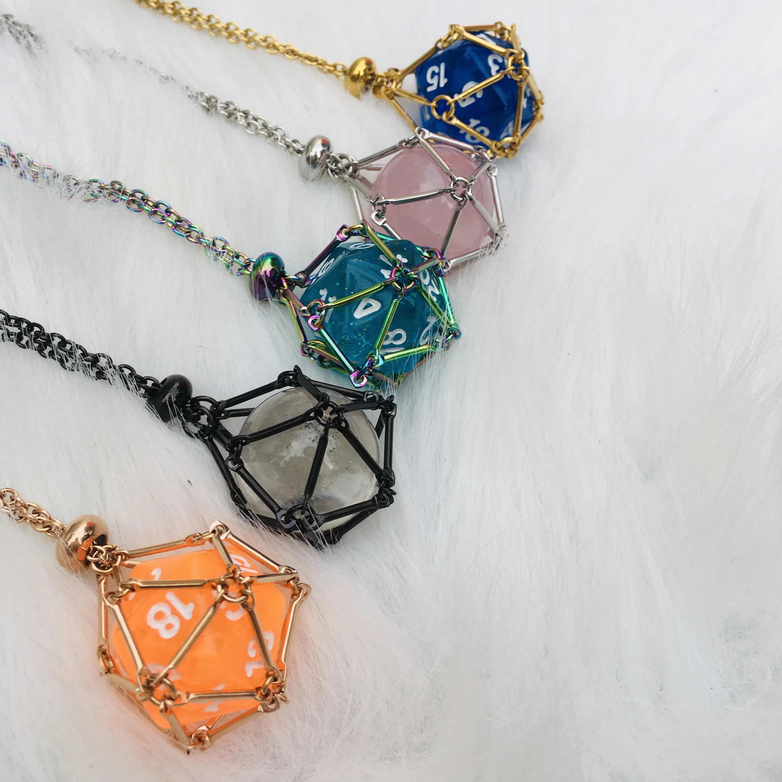 D20 Dice Necklace Handmade Stainless Steel Crystal Gemstone Pendant Pouch Holder