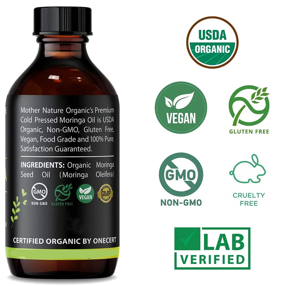 Private Label 120ML Reduces Fine Lines Wrinkles Moringa Oil For Face Body Pure Organic Cold Natural Moringa Seed Oil