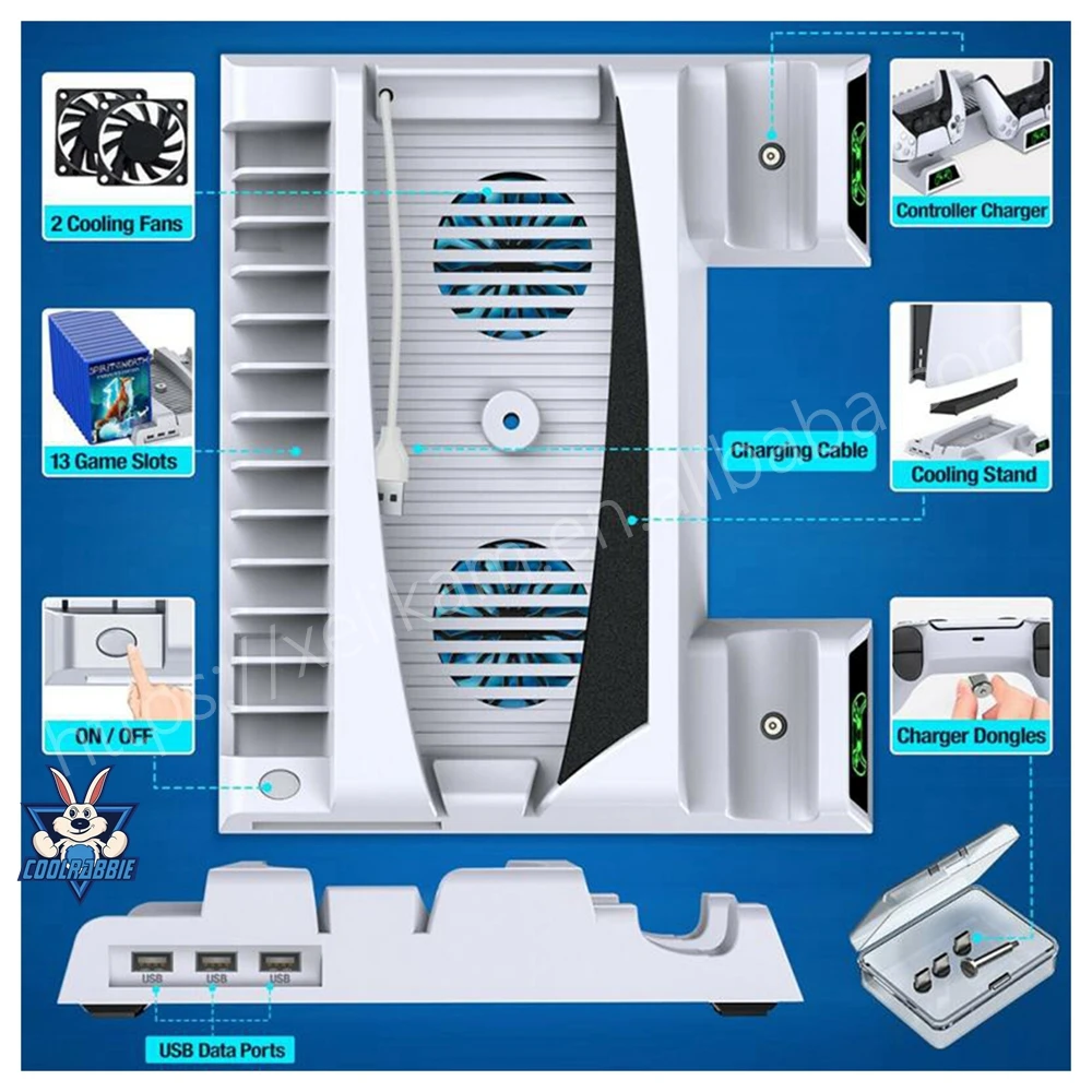 CoolRabbie Cooling Vertical Stand 2 Controller Charger 2 Cooler Fan 13 Game Storage Charging Dock For PS5 DE/UHD Console