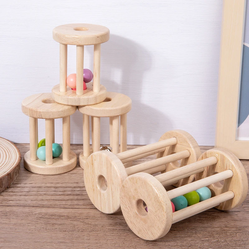 Montessori Style Rolling Rattle Toy Set Natural Wooden Rolling Ball Cylinder 2-4 Years 5-7 Years Baby Teething Appropriate Toy