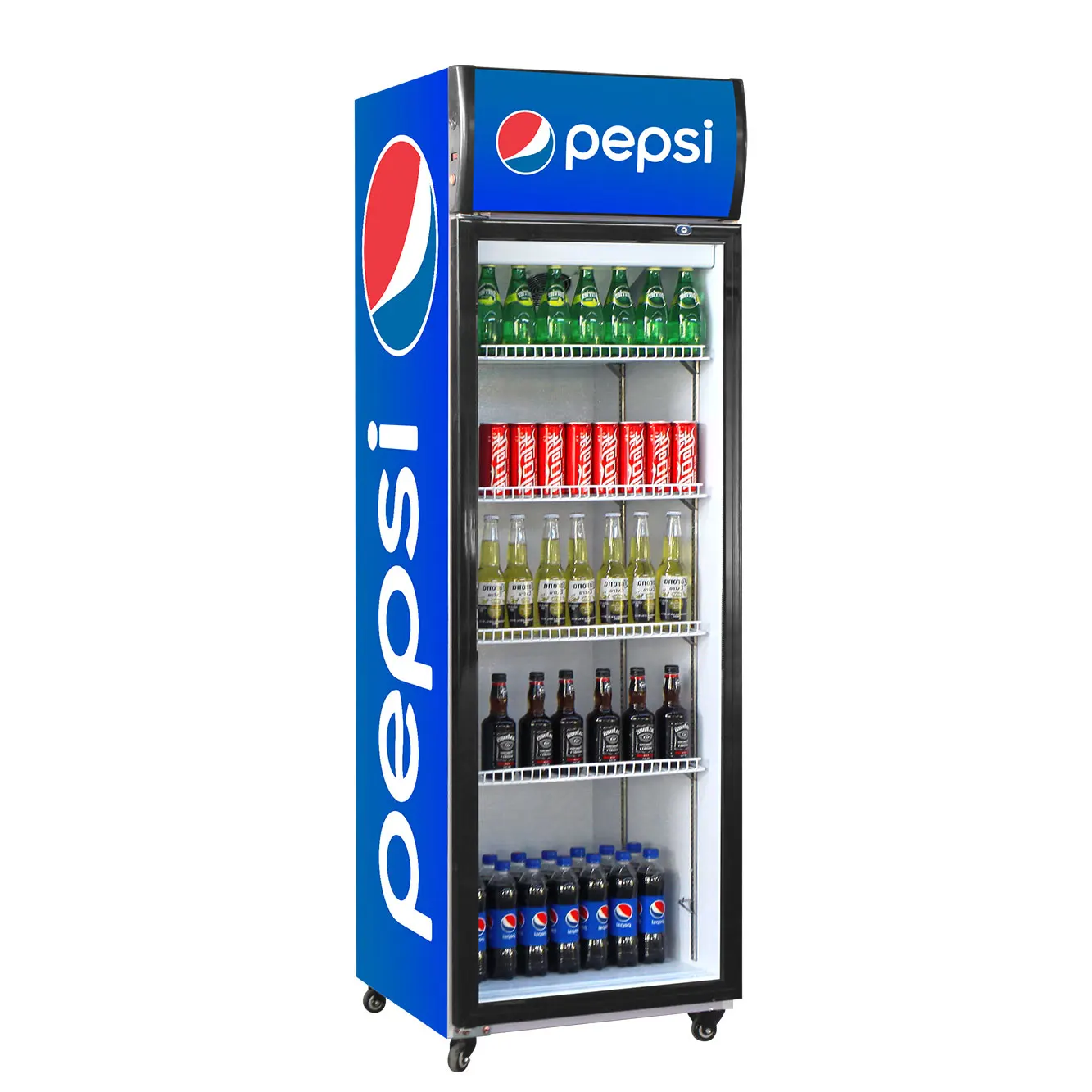 Коммерческий холодильник с одной стеклянной дверью, вертикальный холодильник с дисплеем для напитков со светодиодными лампами и функцией автоматического закрытия двери