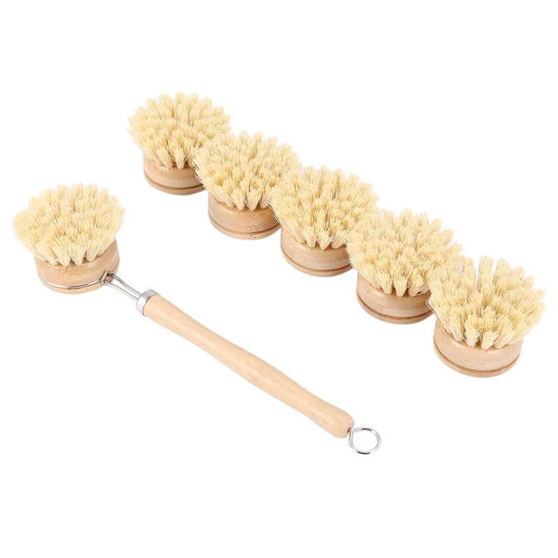 Zero Waste Eco-friendly Natural Wooden Cleaning Scrubber Brush Reusable Bamboo Wood Sisal Dish Cleaning Kitchen Brush