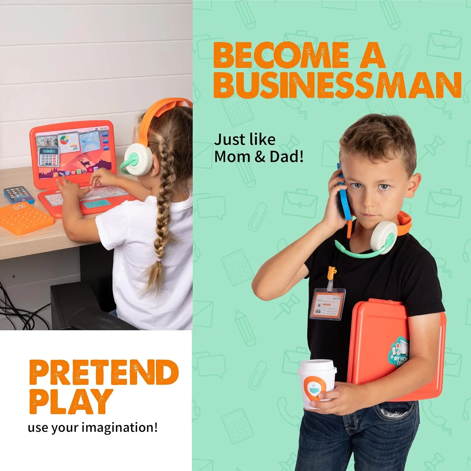 Pretend play office Set toy,educational laptop toys for kids with Phone w/LED Lights & Sounds, Calculator Pop It & Headset