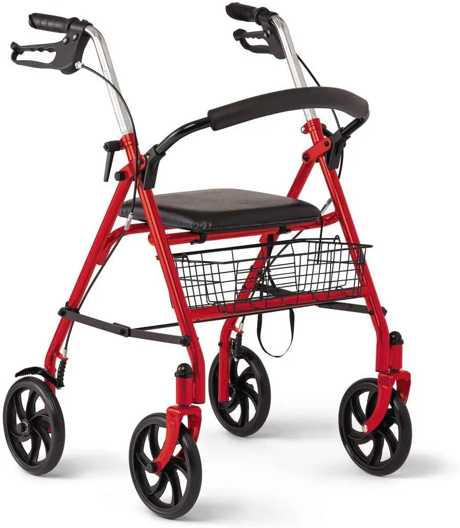 Steel Rollator Walker with 8 Inch Wheels, Folding Rolling Walker, Adjustable Arms, Supports 300 lbs, Red