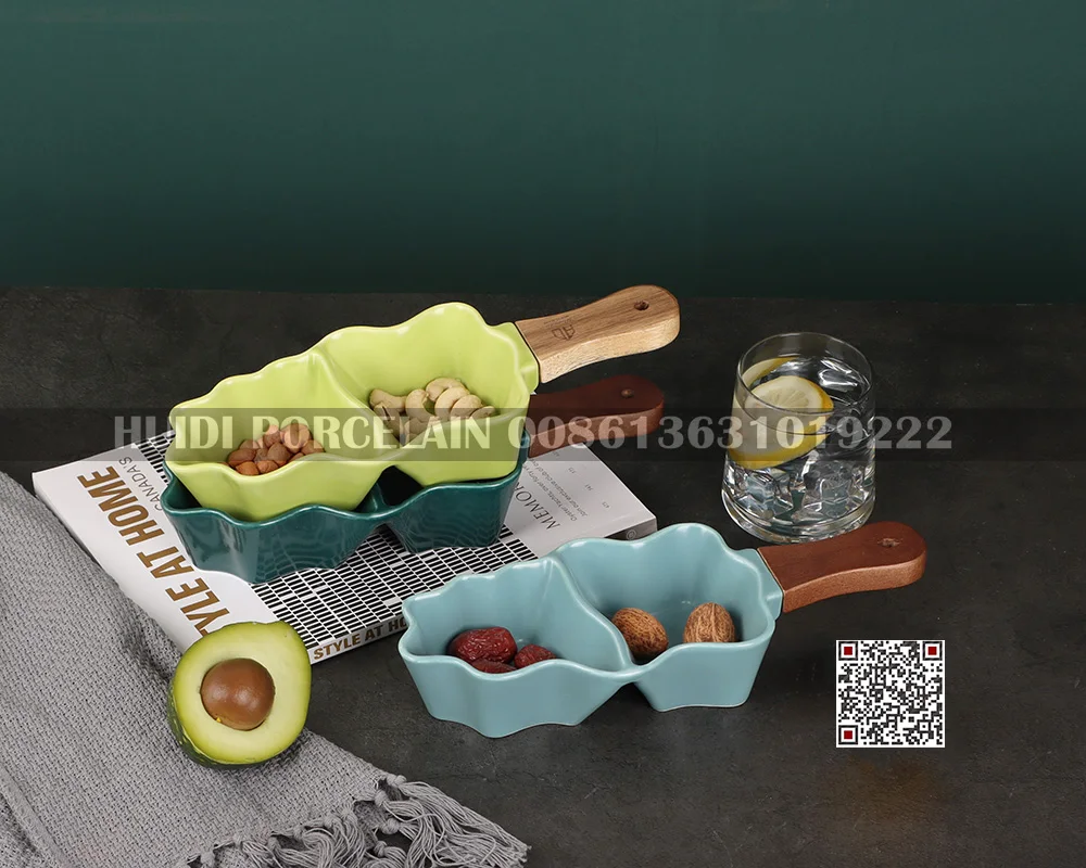 New design 2 compartment ceramic porcelain divided snack serving dish bowl serving ware ceramic