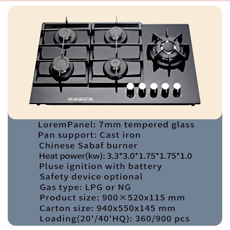 Quality 5 Burner Gas Stove Black Built-in Gas Hob Heavy Cast Iron Tempered Glass Kitchen Appliance for Outdoor RV Use Made China