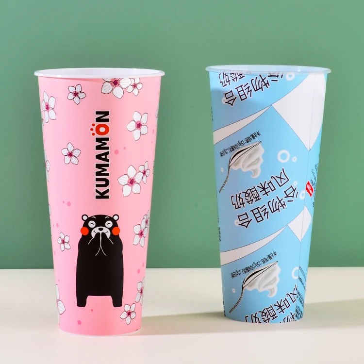 Yuehongkai Plastic Disposable Custom Printed Iml Packaging Round Boba Tea Cup Iml Drinking Containers With Lid