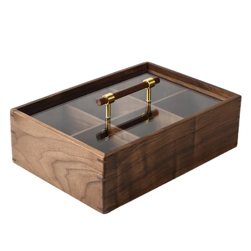 202408 Chinese Style Solid Wood Fruit Candy Box Walnut with Home Compartments Lid Nut Tray Dried Fruit Snack Storage Food Use
