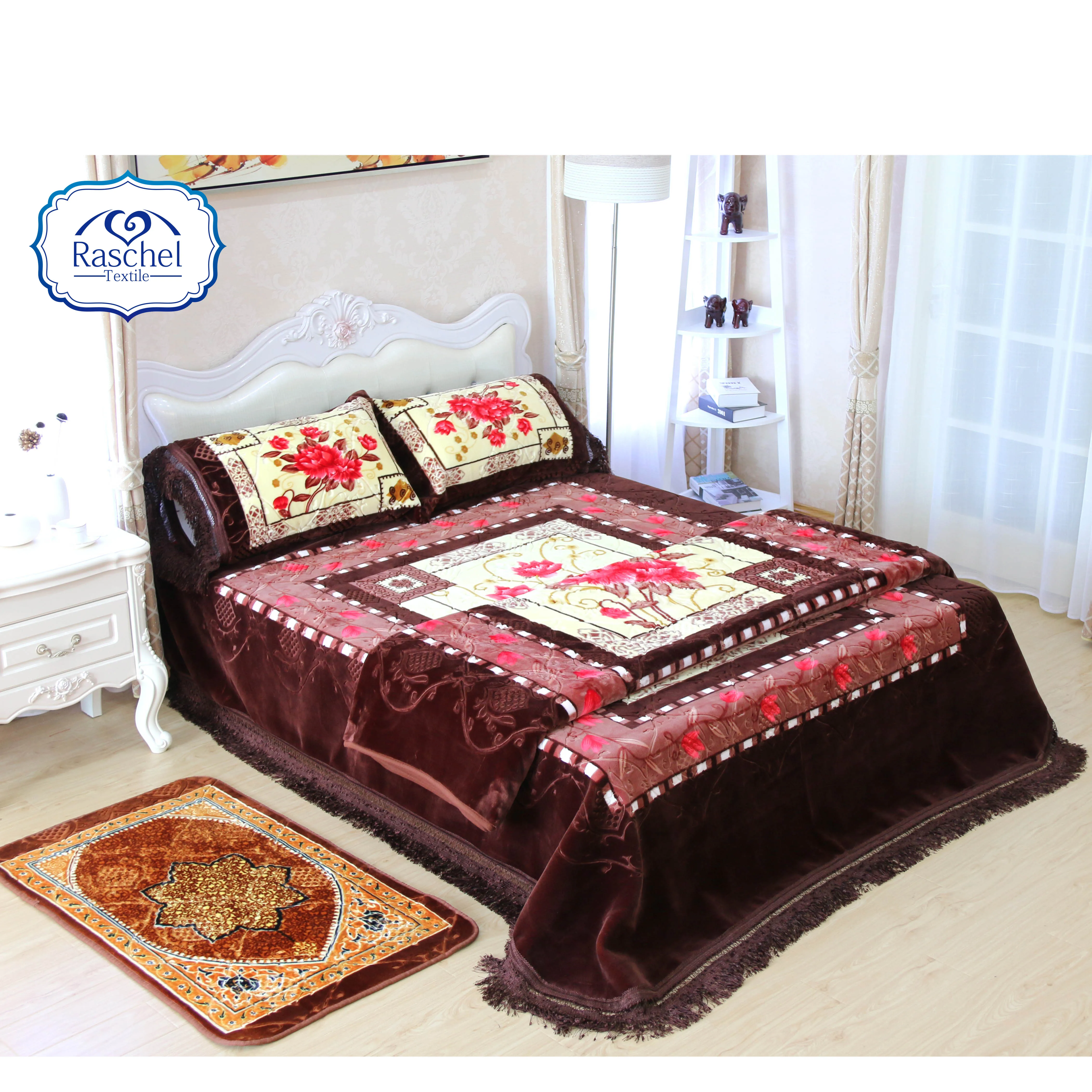 100% Polyester four pcs raschel blanket bedding set
