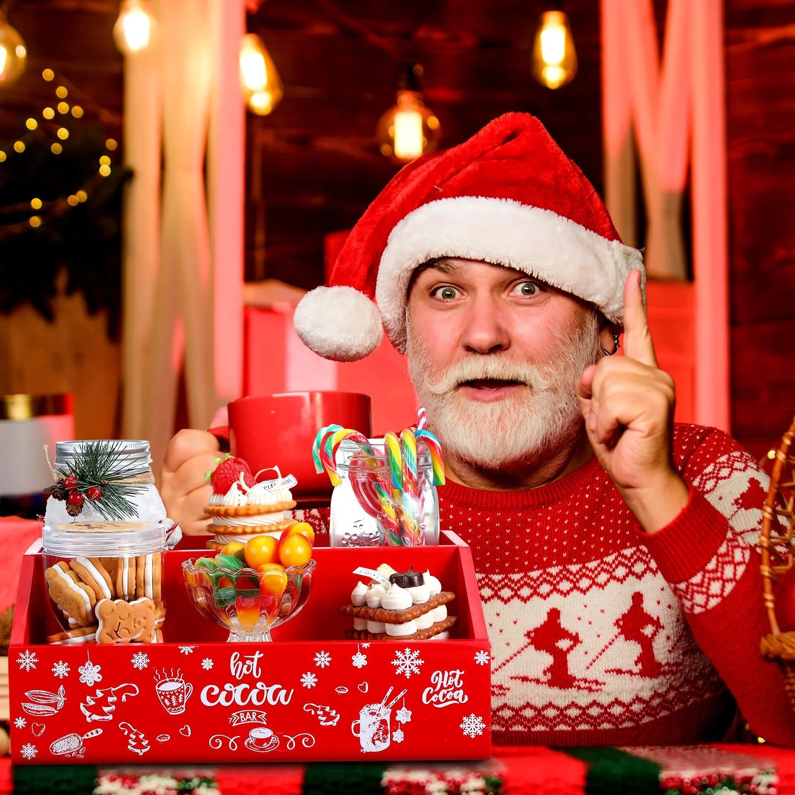 Christmas Hot Cocoa Bar Wood Storage Box Red Hot Chocolate Decorative Box Double Layer Cute Wooden Storage Bins For Home Kitchen