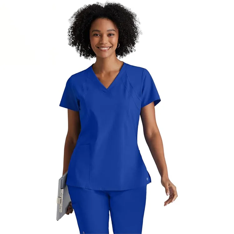 High Quality Women Racer Top V Neck Medical Scrub Top 4 Pockets and 360 Spandex Stretch Fabric