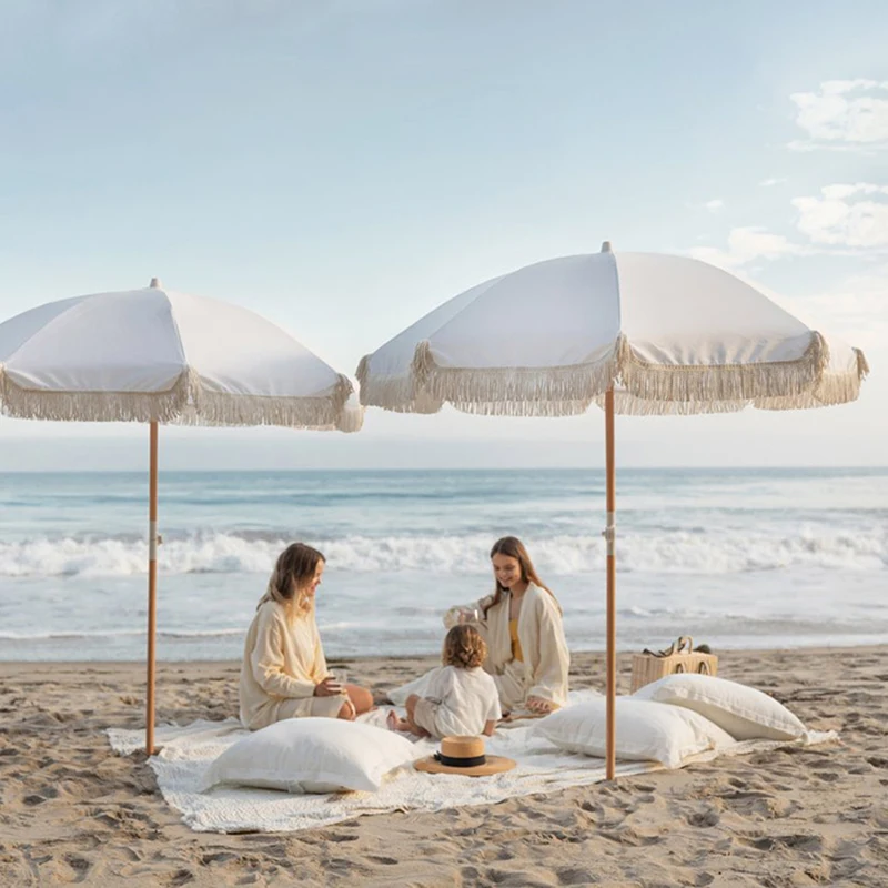 White Boho Patio Macrame Vintage Parasol Beach Umbrella Wooden Pole Tassel Cotton Cloth Bali Beach Umbrellas With Tassels Fringe