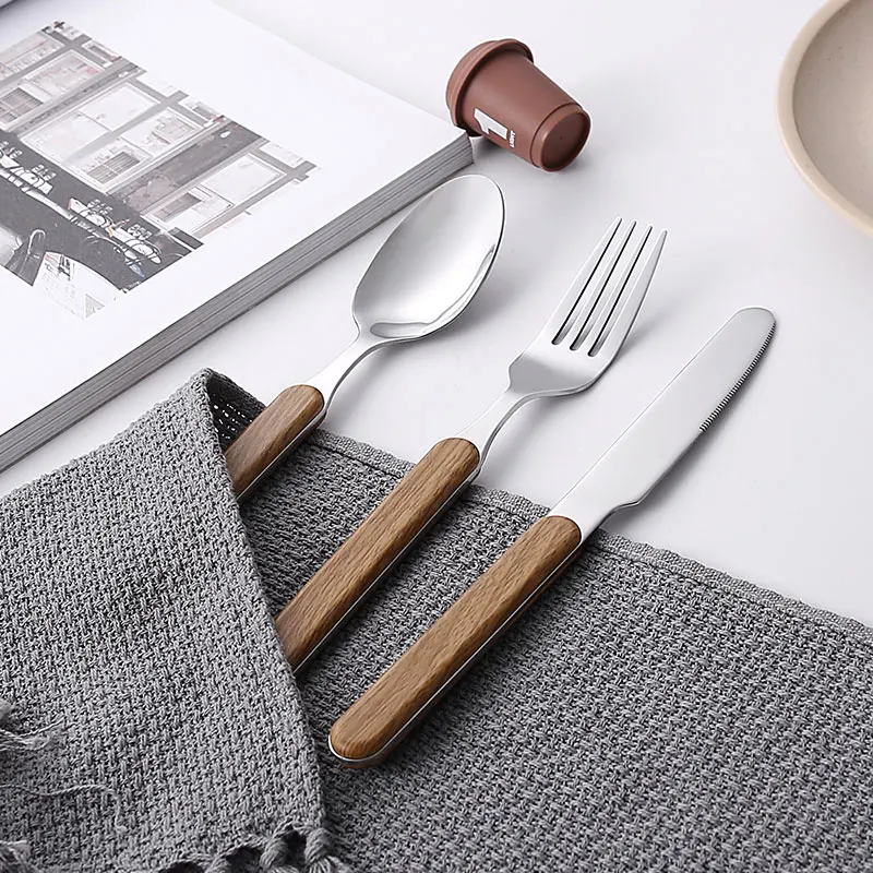 Wholesale Stainless Steel Knife Fork Spoon Set with Wooden Handle Home Kitchen Restaurant Food Grade Stainless Steel Cutlery