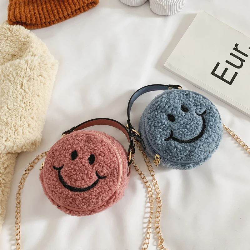 Cartoon Mini Cute Plush Smiley Pattern One-shoulder Messenger Bag Fashion Kids Designer Handbags Crossbody Bag for Toddler Girl