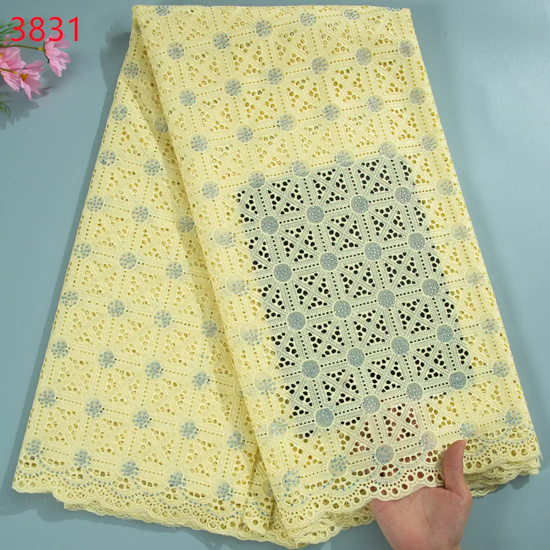 3831Luxury High Quality African Embroidery Cotton Lace Fabric With Shiny Crystals Swiss Lace For Dresses Sewing