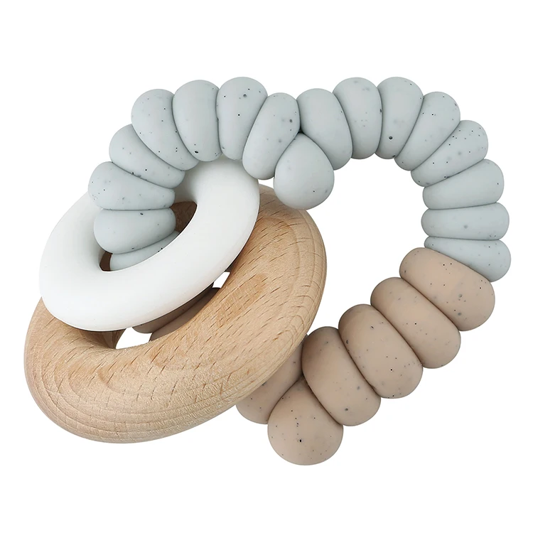 Top Ranking Suppliers Baby Teether heart shape Bracelet Wooden Teether Ring Nursing Safe Organic 2pc Bangle Silicone Teether Toy