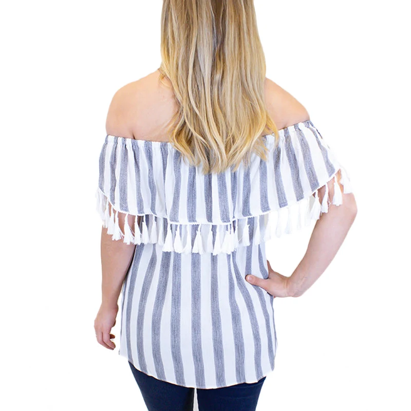 Summer Pregnant Blue Off Shoulder Striped Women Blouse Maternity Clothing