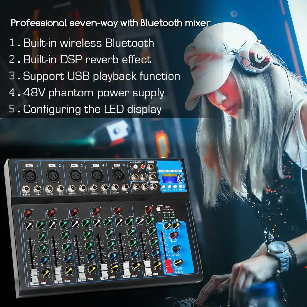 GAX-UF7 Professional 7 Channel USB Recording Sound Card Mixer with DSP Effects for Home Performance in Audio Video & Lighting
