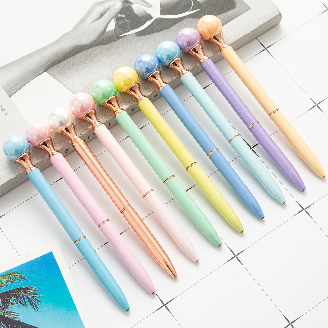 Fashion Wholesale High Quality Colorful Rotating Pearls Metal Ballpoint Pens Gifting Pen With Custom Print Logo
