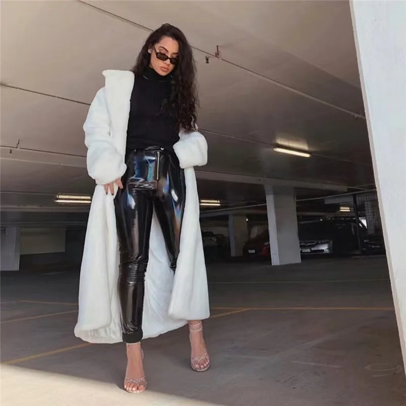 Fluffy  Oversize Faux Fur Coat Winter Warm Long White  Women with Hood Lapel Sashes Loose Korean Fashion 2021 Outerwear