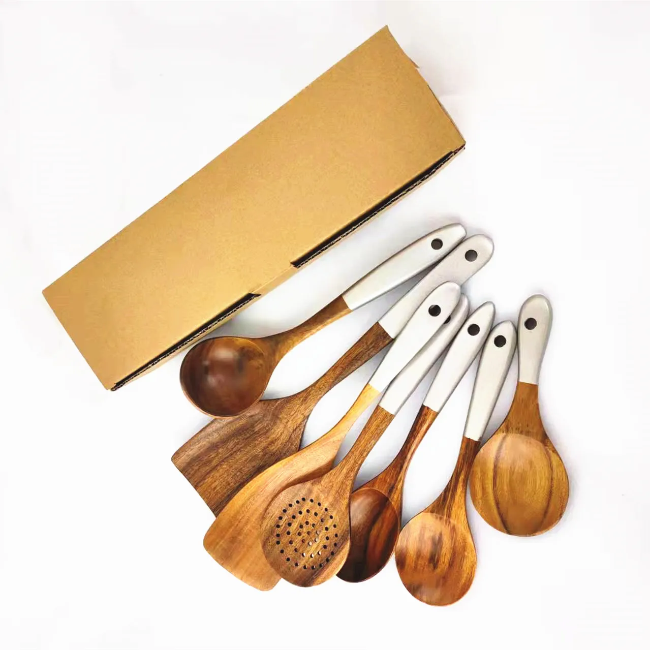 High Quality 7pcs  kitchen tools set cooking utensils t Natural teak Wood Utensils Wood kitchen Spatula