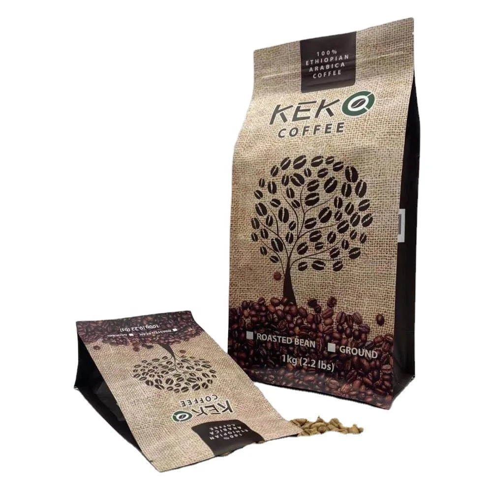 Custom digital printing coffee bean powder packing bags wholesale cheap black white flat bottom coffee bag with easy tear zipper