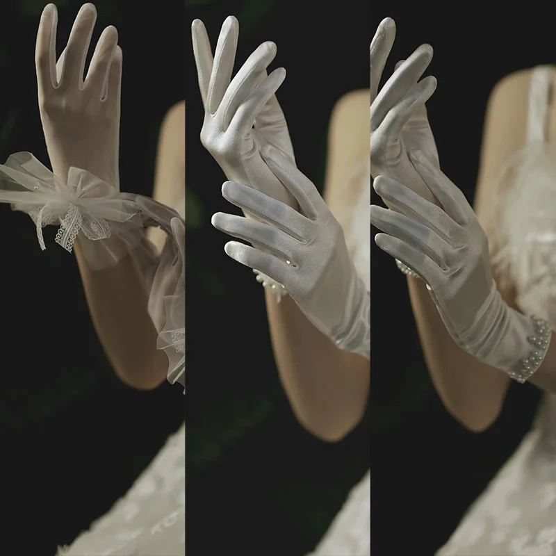 Wedding Accessories Flying Edge Long Type Pearl  Embellish Gloves