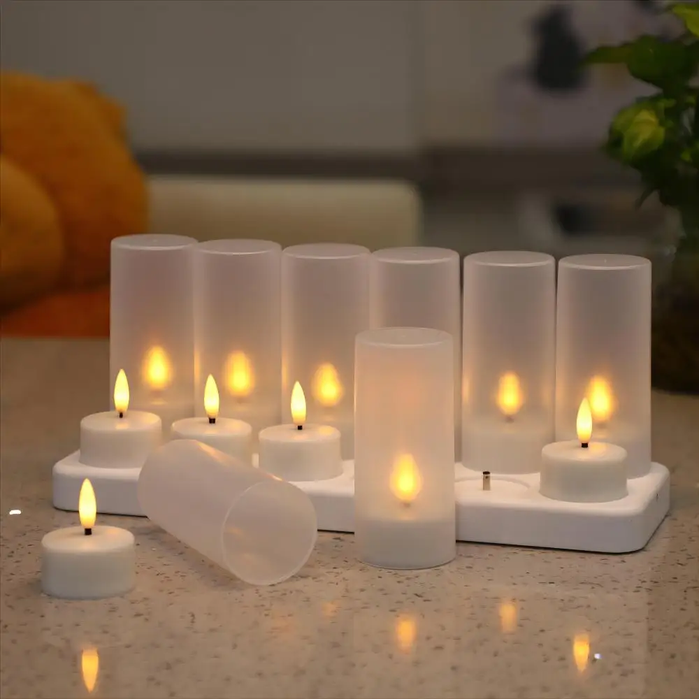 Set Of 12 Remote Control USB Flickering 3D Bullet Flameless Rechargeable LED Candle Tealight with Chargeing base and White Cup