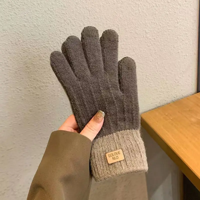 Korean style warm touch screen winter knitted plus velvet thickened student cycling windproof and cold-proof fashionable gloves