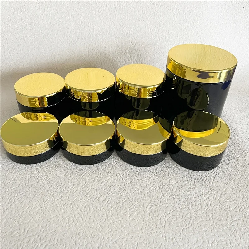 IBELONG 50ml 100ml 150ml 200ml 250ml 500ml Empty Black PET Plastic Jar Container For Food and Cosmetics with Golden Lid