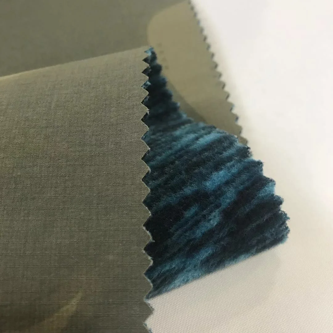 Wholesale 70D 350GSM Printed Ripstop nylon fabric spandex 4 way stretch bonded with yarn dyed polar fleece for softshell jacket