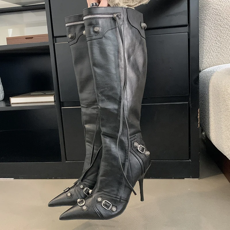 Dropshipping Custom Logo Punk Style StillettoThin High Heels Boots Fashion Women Metal Rivet Knee High Motorcycle Boots Big Size