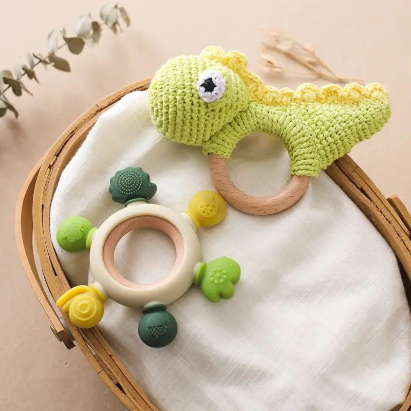 Wholesale Baby Wooden Crochet Rattle Silicone Teether Ring Two-piece Animal Baby Toy Set