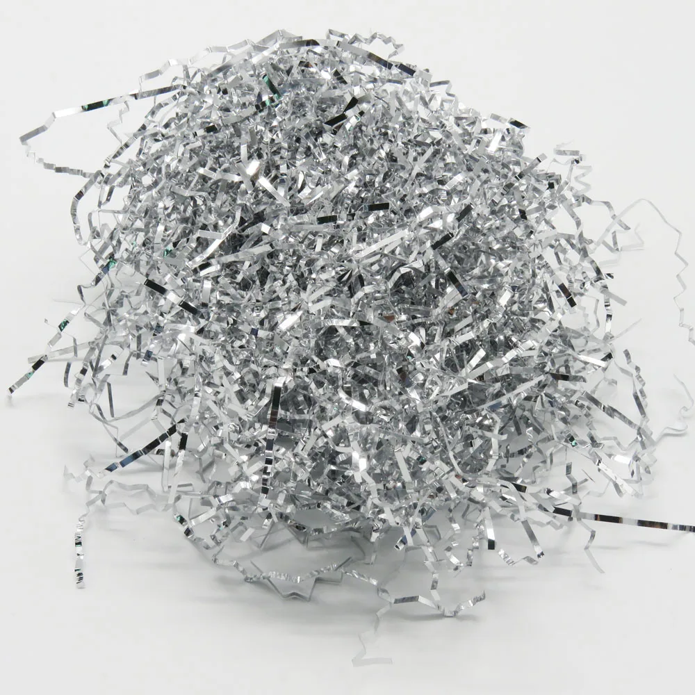 iridescent mirror foil mylar silver color crinkle strip small pieces shredded paper stuffing material metallic shred