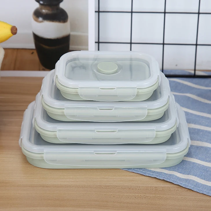 Portable outdoor travel foldable bpa free silicone microwave crisper food storage box lunch box folding bowl container